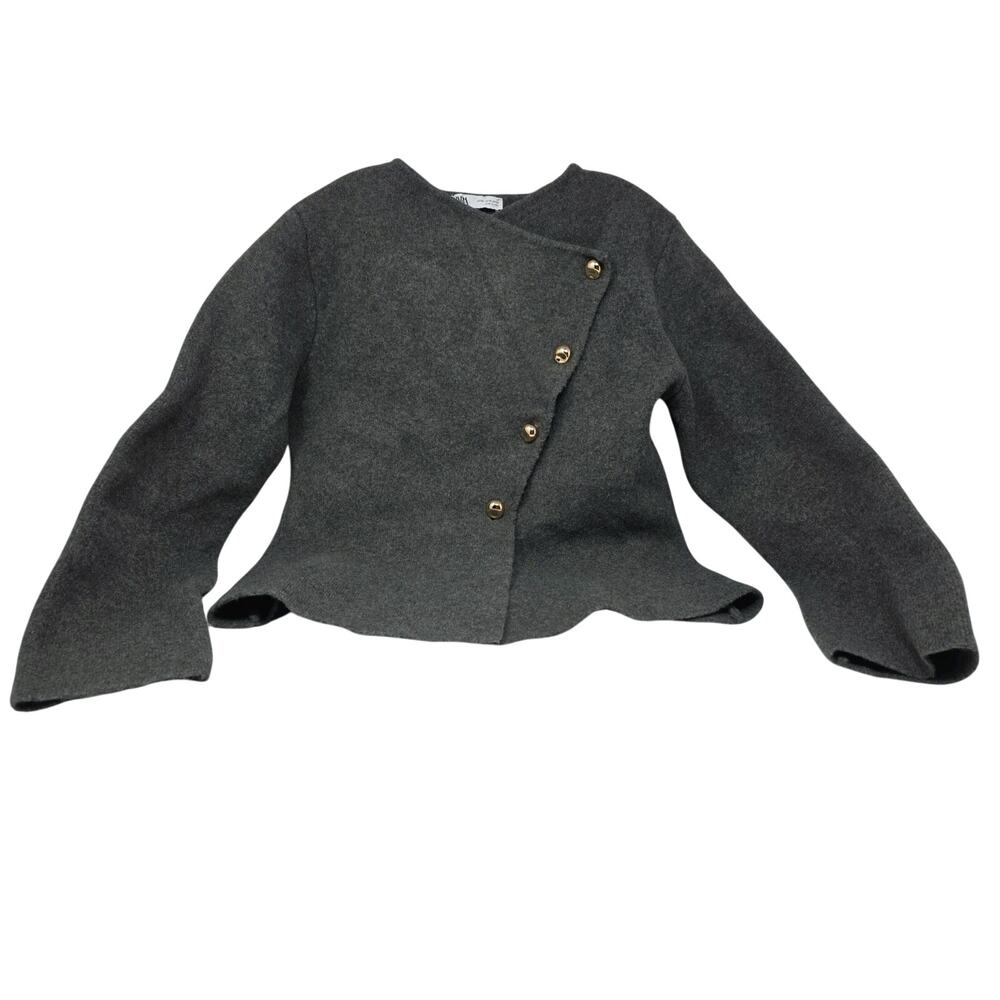 Zara XL Crossover Wool Blend Knit Cardigan Gold Tone Buttons Gray Grey